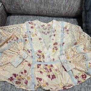 Free People Floral Lace Blouse with Blue Accents